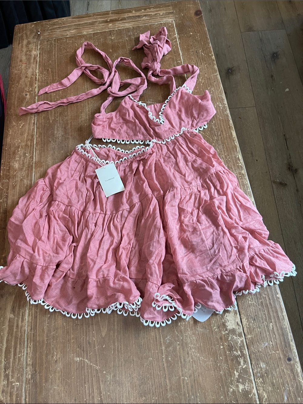 Tularosa Rose-Pink Tiered Halter Dress with White Loop Trim